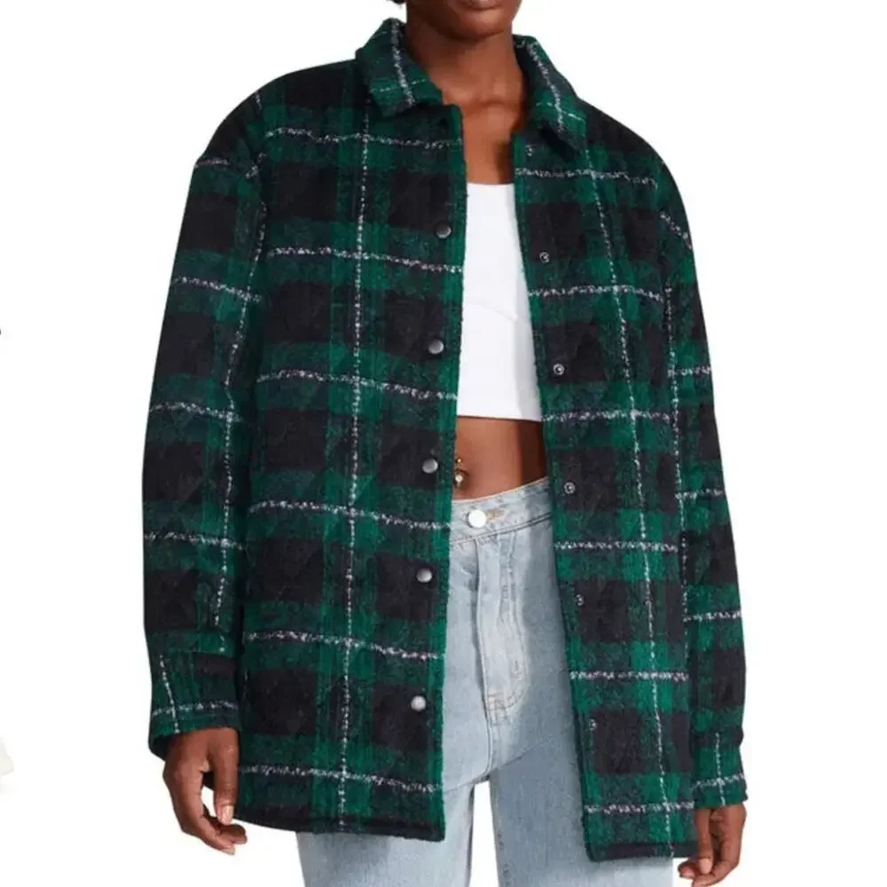 Steve Madden size L The Belle Plaid Lined Shacket Jacket - pine green - Picture 2 of 13